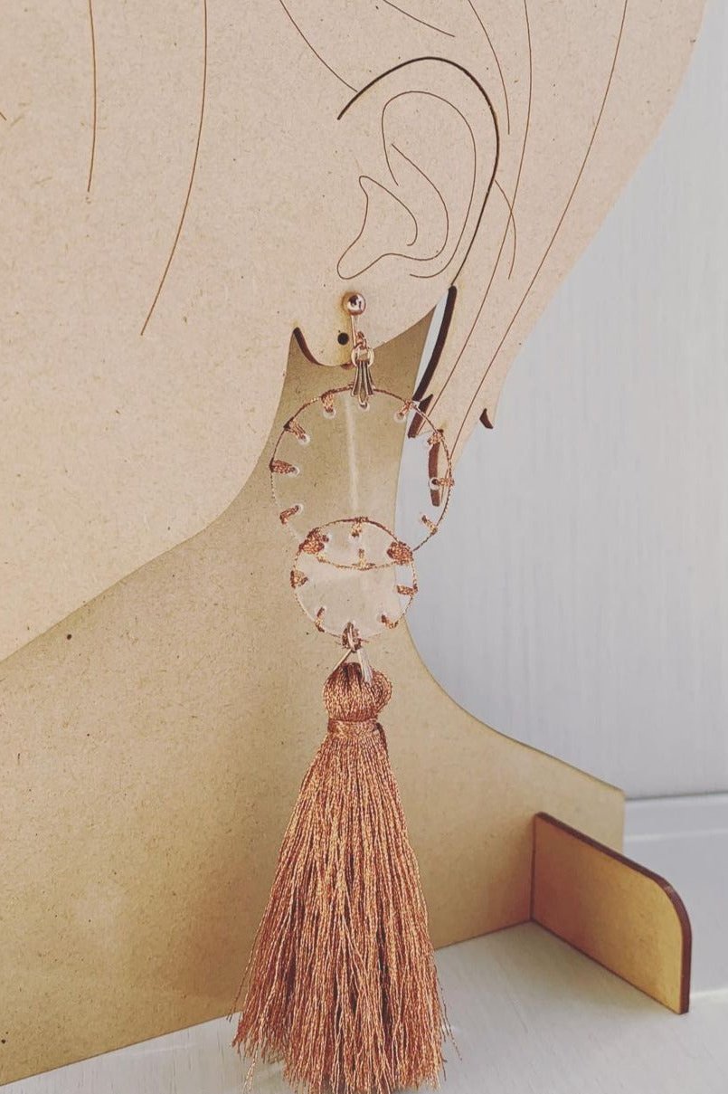 Orange stitch layered tassel earrings