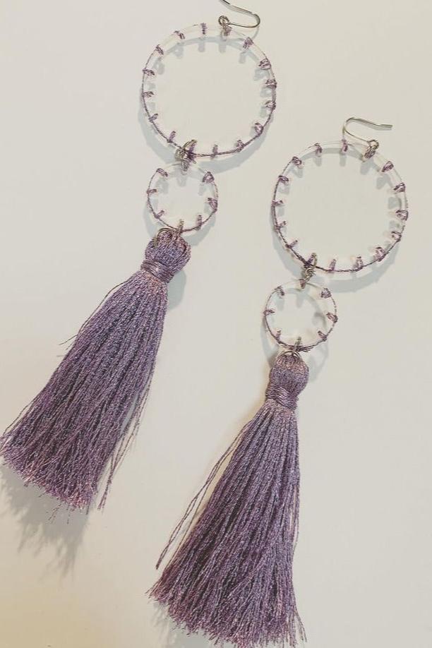 purple stitch tassel earrings