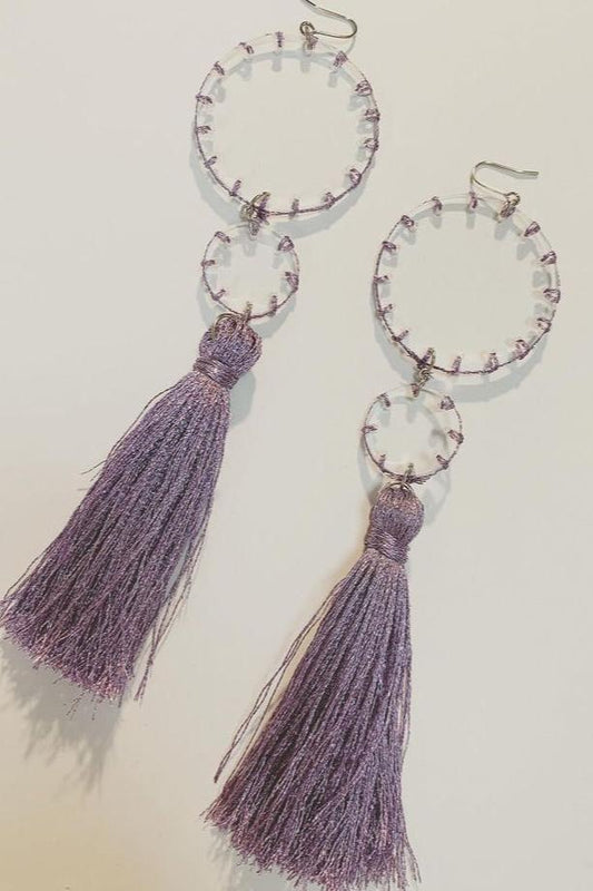 purple stitch tassel earrings